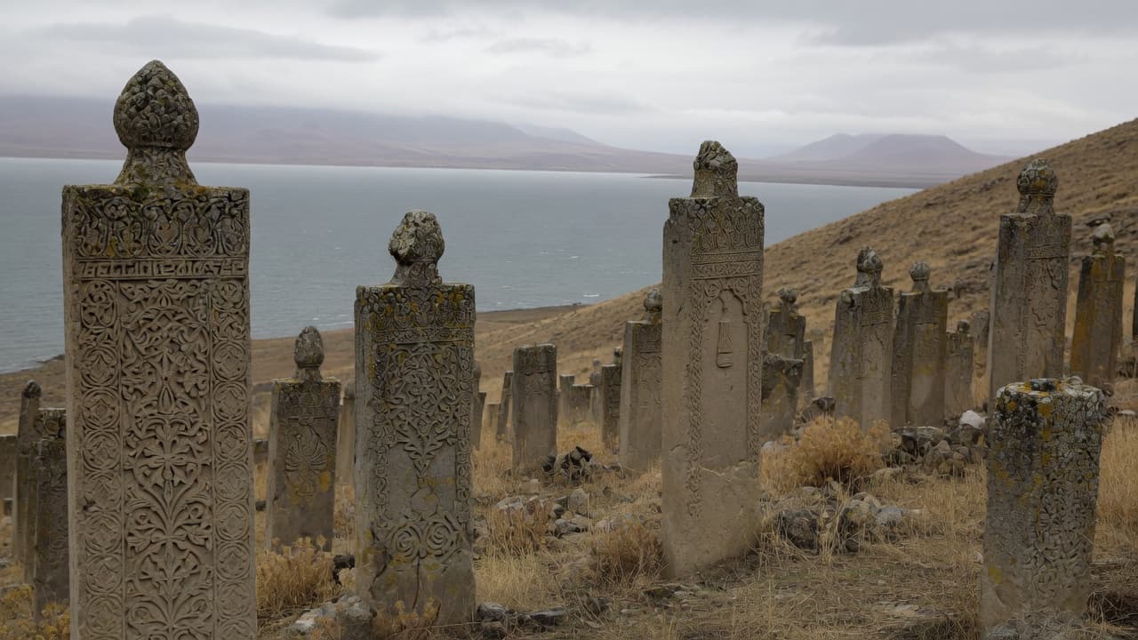 Ahlat Selçuklu mezar taşları, yamaç ve atmosferik ışık